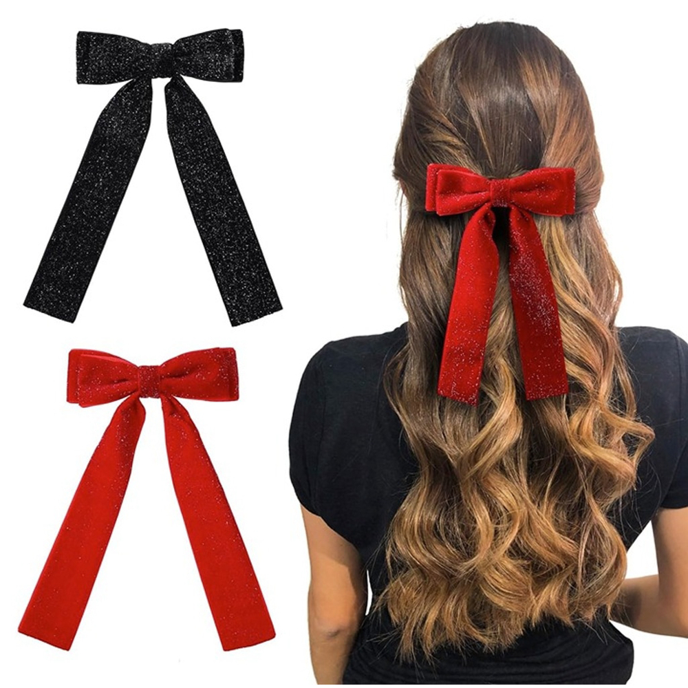 Set of 2 sparkly velvet hair bows, black and red, NEW